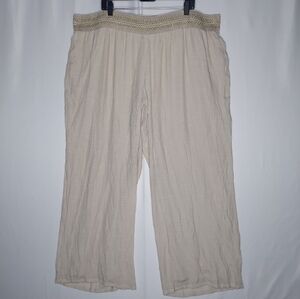 JM Collection‎ Wide Leg Pant 3X Women Gauzy Beige Embroidered Elastic Waist